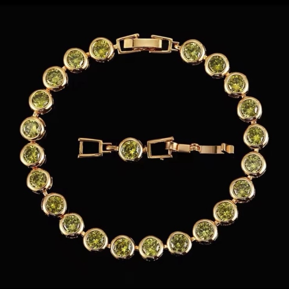 14kt gold plated tennis bracelet with peridot olive green crystals TGO1